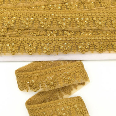 Brown Net Lace Trim With Floral Embroidery And Gold Sequins, Sequinned Trim, Wedding Trim Bridal Trim